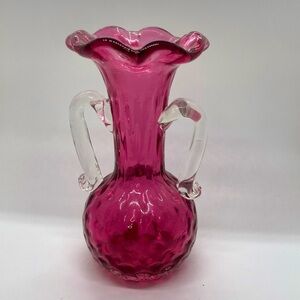 Vtg Rossi Hand Blown Small Double Handled Cranberry Glass Vase | 5.8” Tall